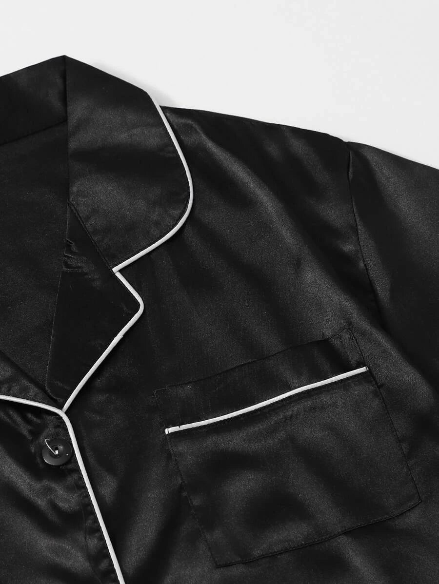 Contrast Binding Button Front Satin Set-Soco Hoodie