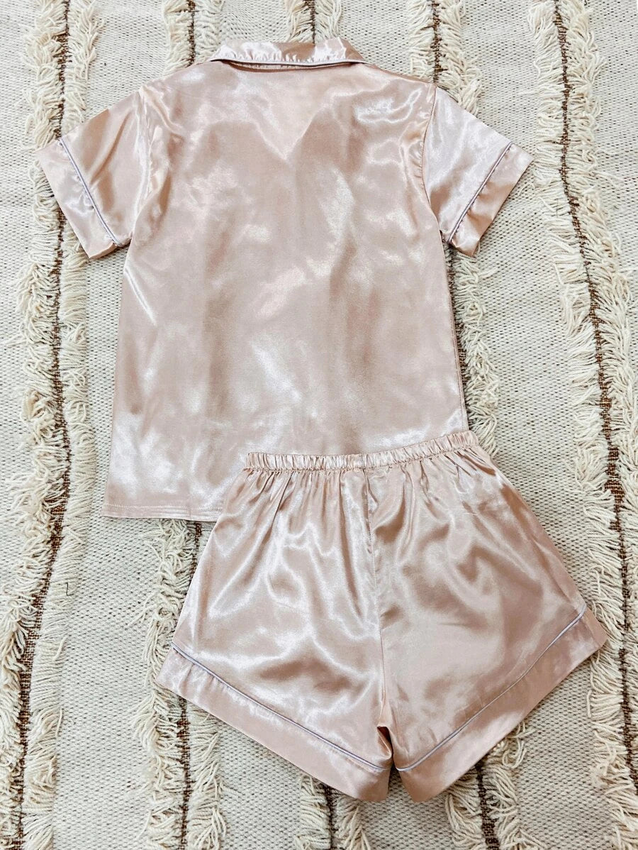 Contrast Binding Button Front Satin Set-Soco Hoodie