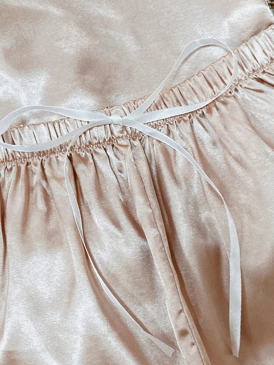 Contrast Binding Button Front Satin Set-Soco Hoodie