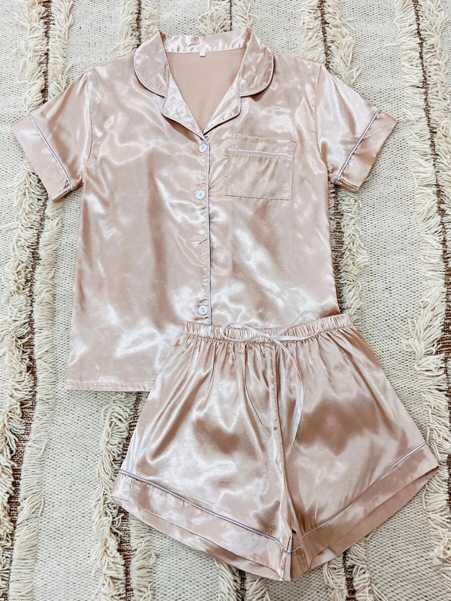 Contrast Binding Button Front Satin Set-Soco Hoodie