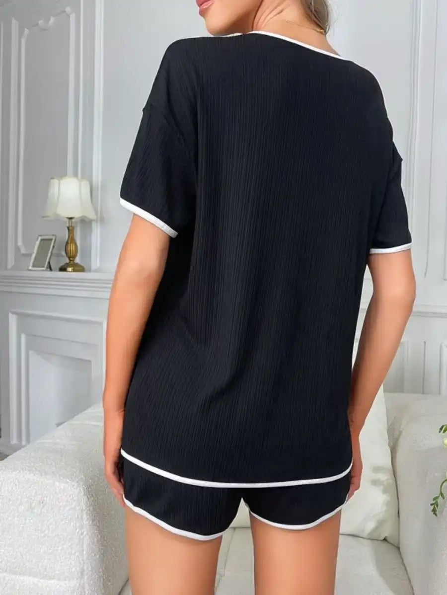 Contrast Binding Tee And Shorts Lounge Set-Soco Hoodie