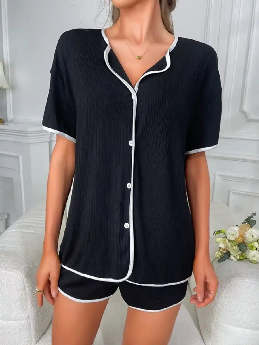 Contrast Binding Tee And Shorts Lounge Set-Soco Hoodie