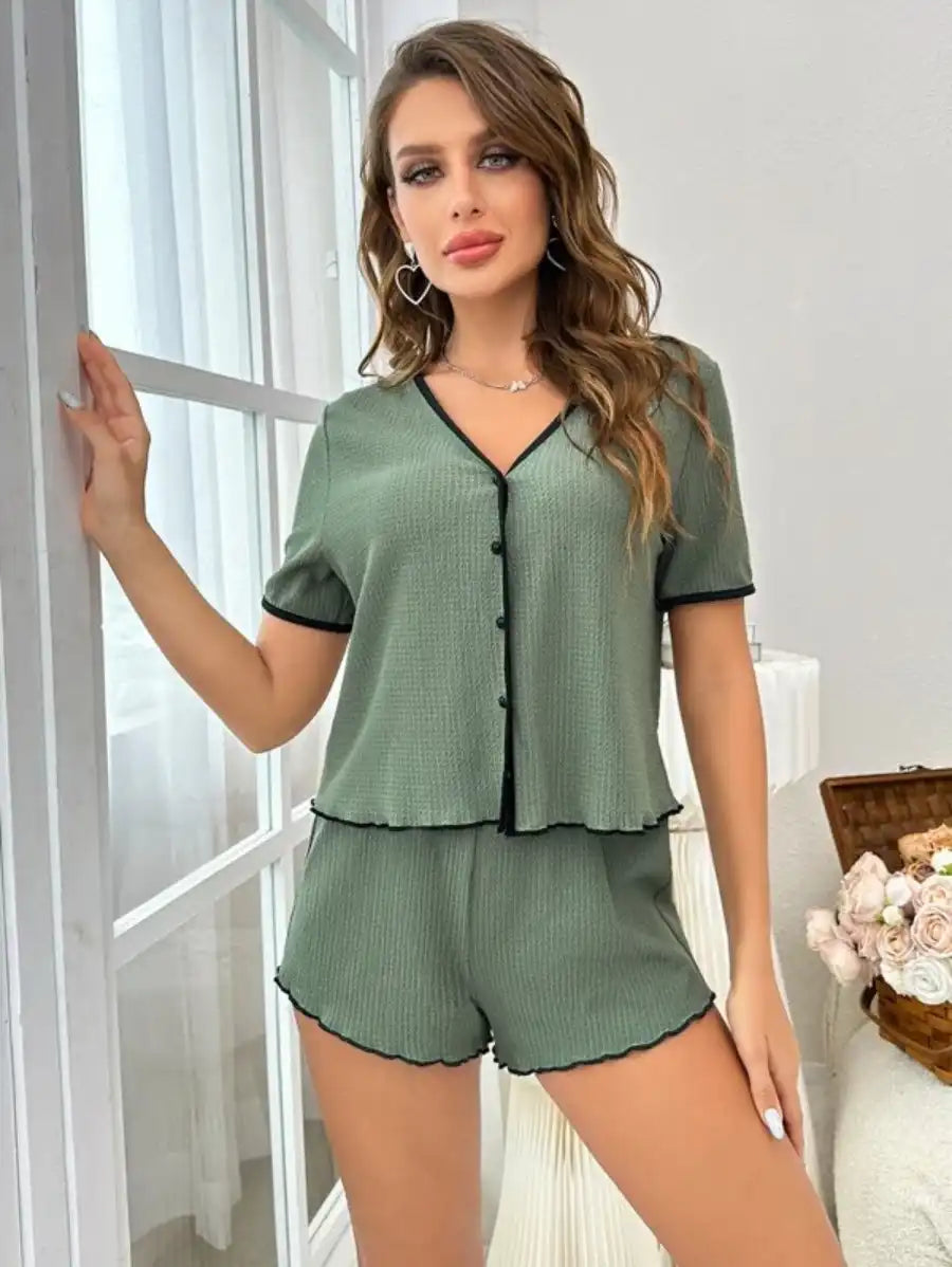 Contrast Binding Lettuce Trim Lounge Set-Soco Hoodie