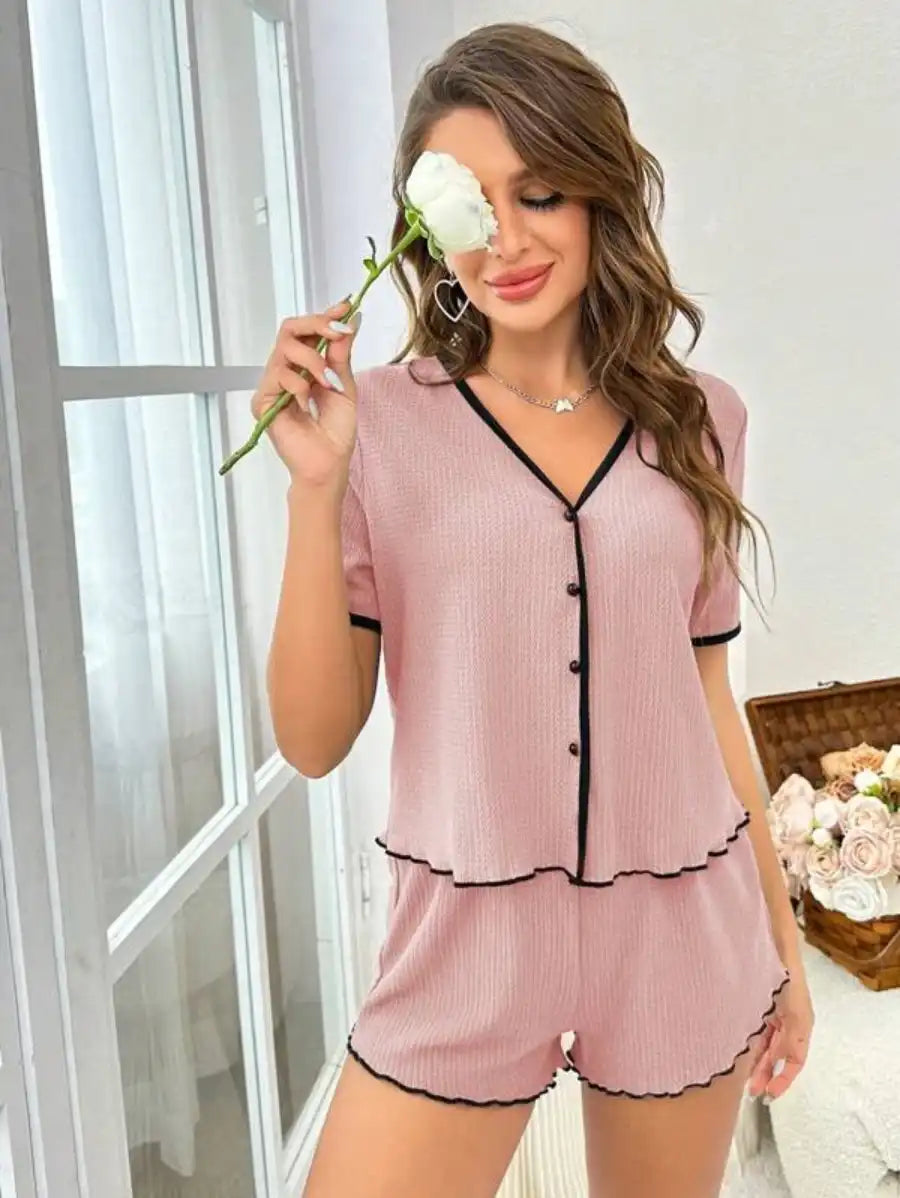 Contrast Binding Lettuce Trim Lounge Set-Soco Hoodie