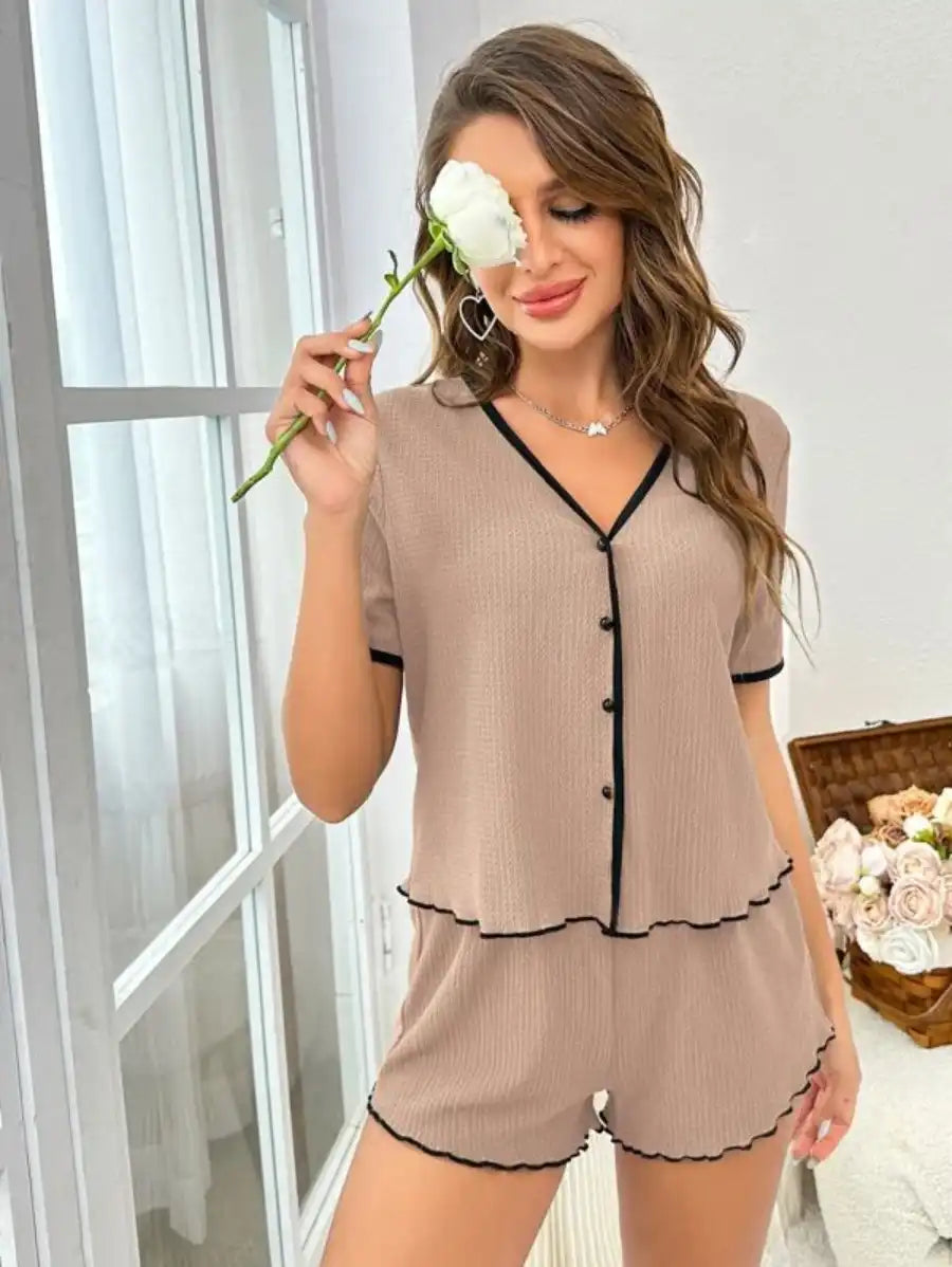 Contrast Binding Lettuce Trim Lounge Set-Soco Hoodie