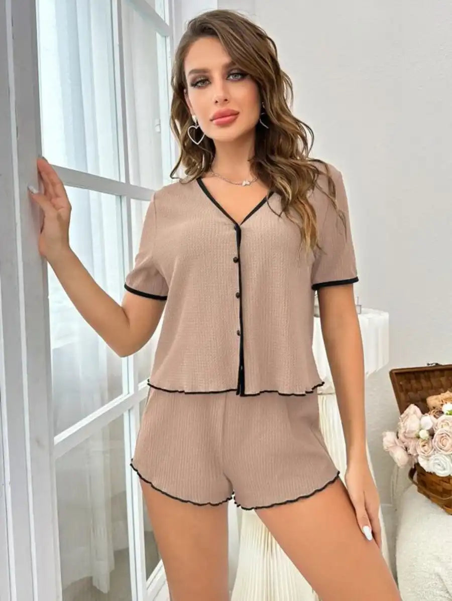 Contrast Binding Lettuce Trim Lounge Set-Soco Hoodie