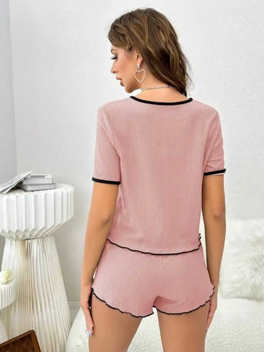 Contrast Binding Lettuce Trim Lounge Set-Soco Hoodie