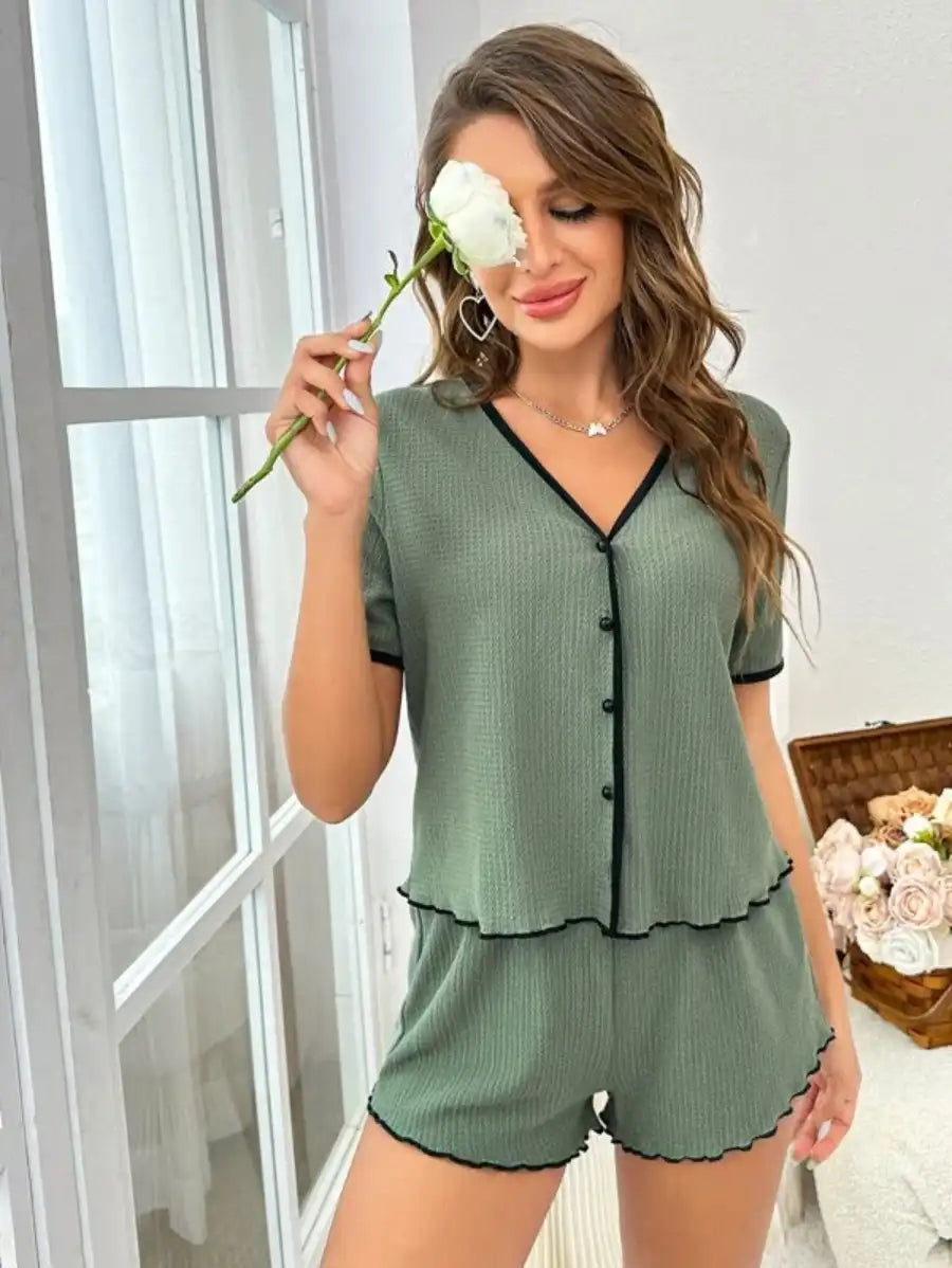 Contrast Binding Lettuce Trim Lounge Set-Soco Hoodie