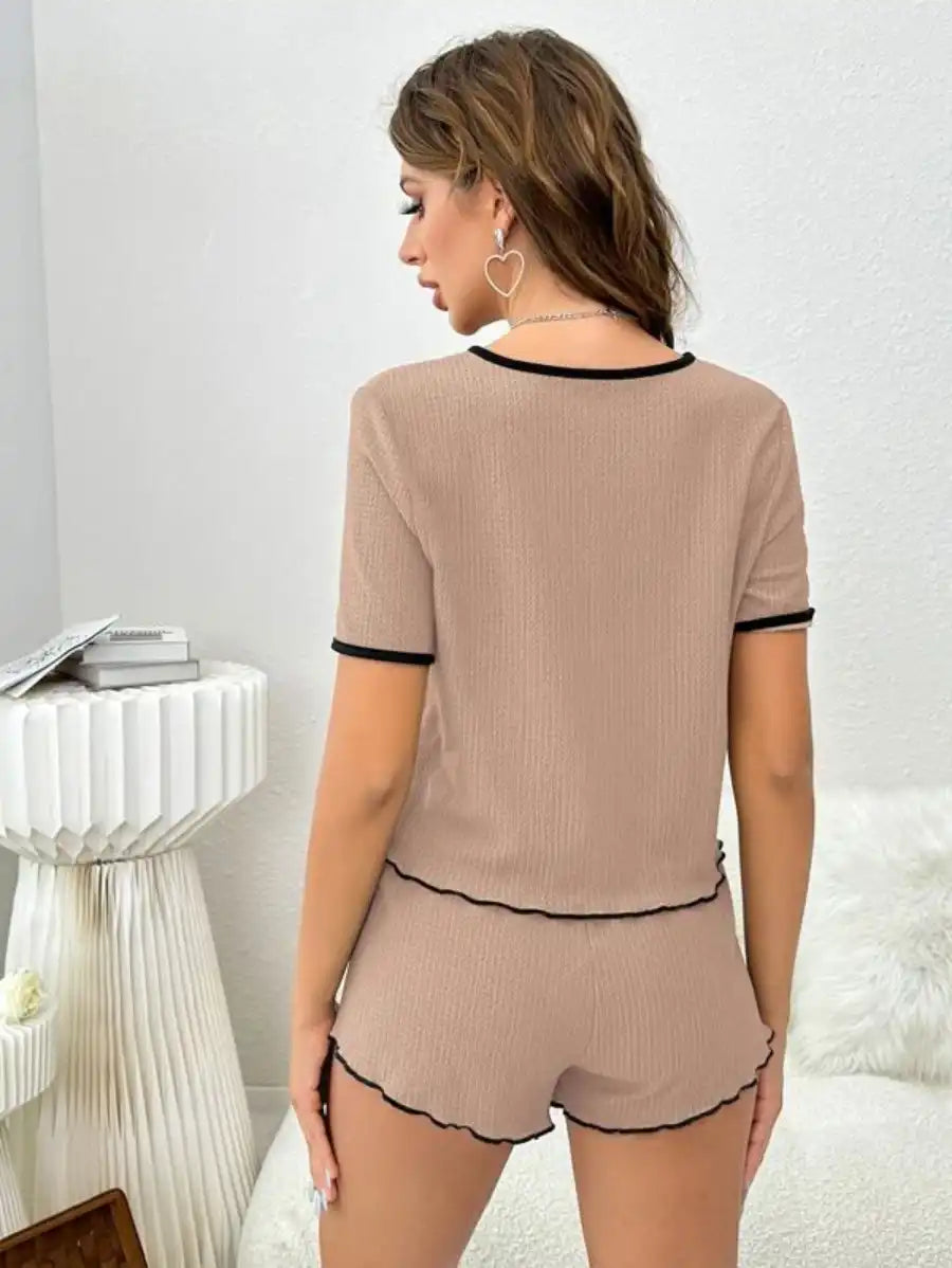 Contrast Binding Lettuce Trim Lounge Set-Soco Hoodie