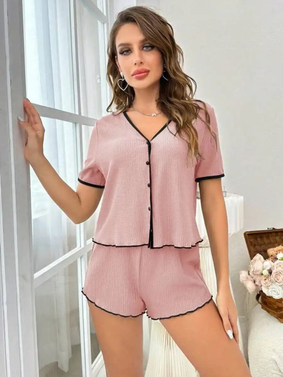 Contrast Binding Lettuce Trim Lounge Set-Soco Hoodie