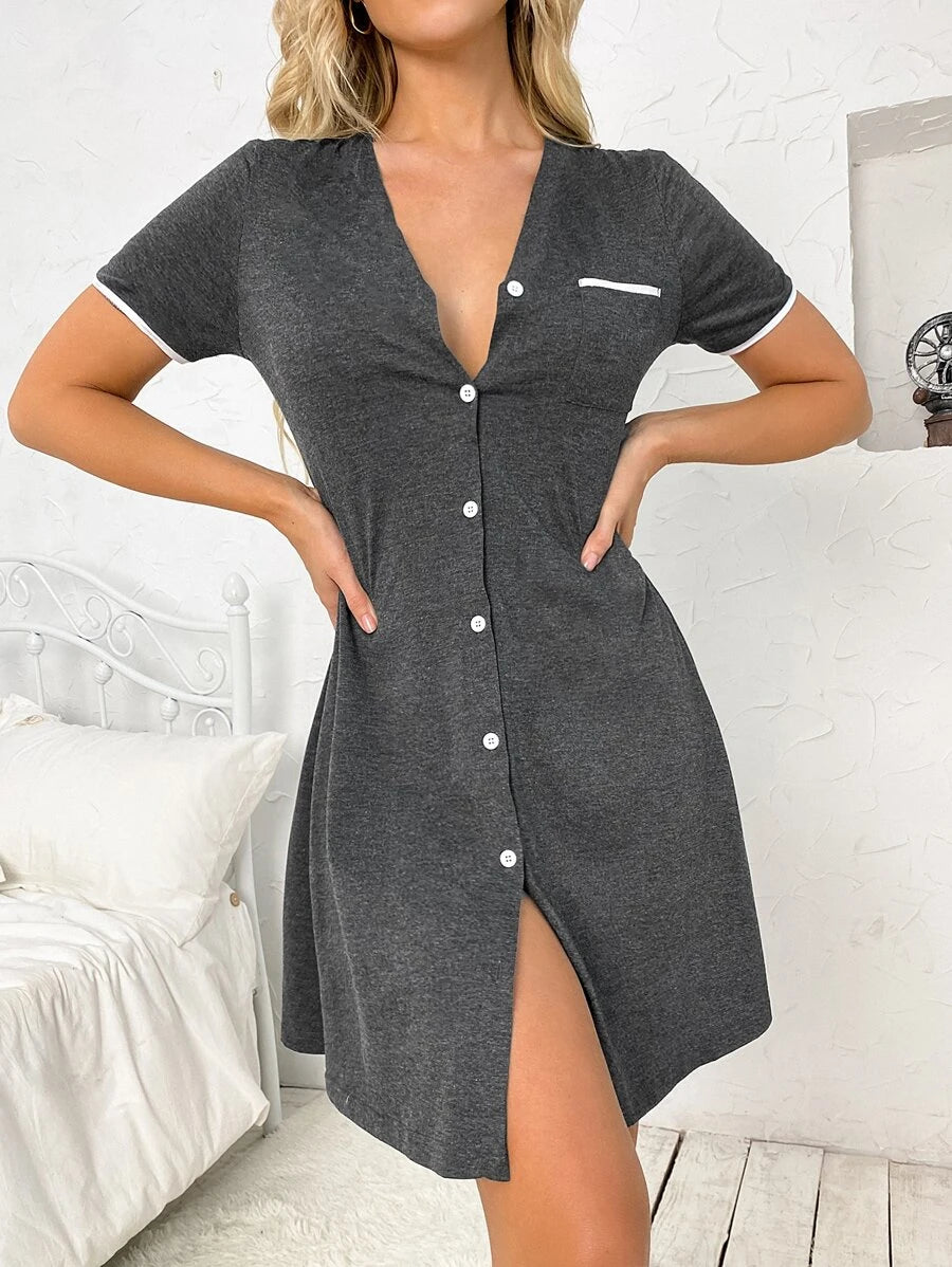 Contrast Binding Pocket Front Night Dress-Soco Hoodie