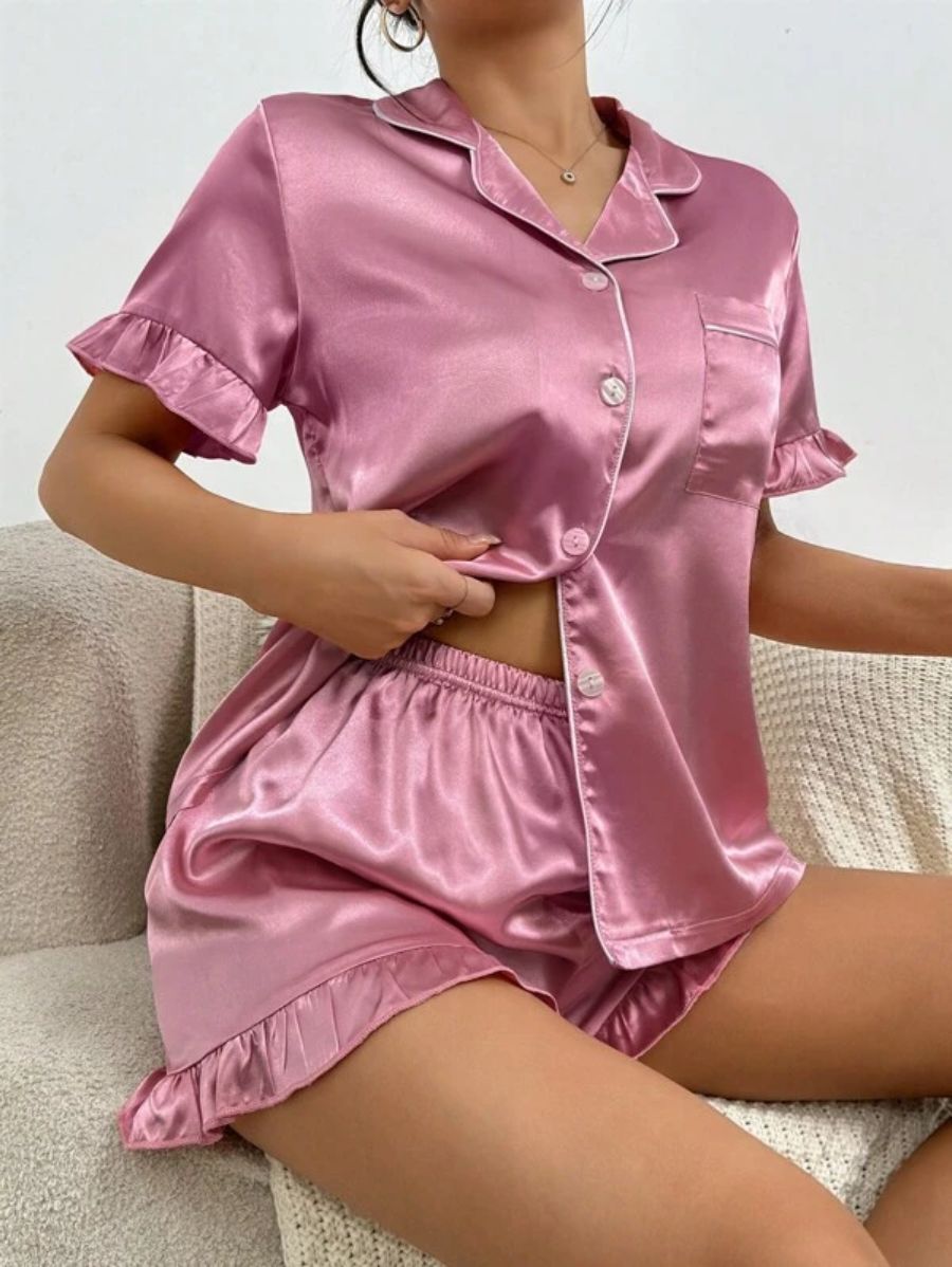 Contrast Binding Ruffle Trim Satin Set-Soco Hoodie