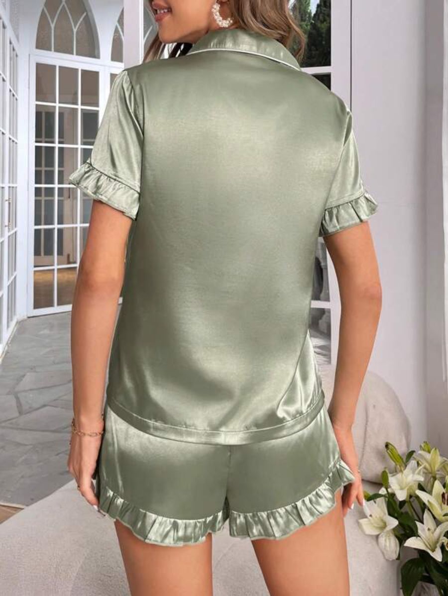 Contrast Binding Ruffle Trim Satin Set-Soco Hoodie