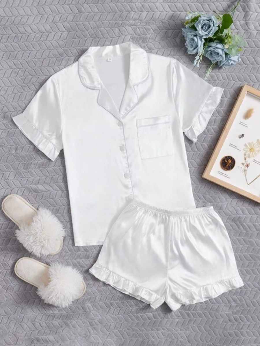 Contrast Binding Ruffle Trim Satin Set-Soco Hoodie