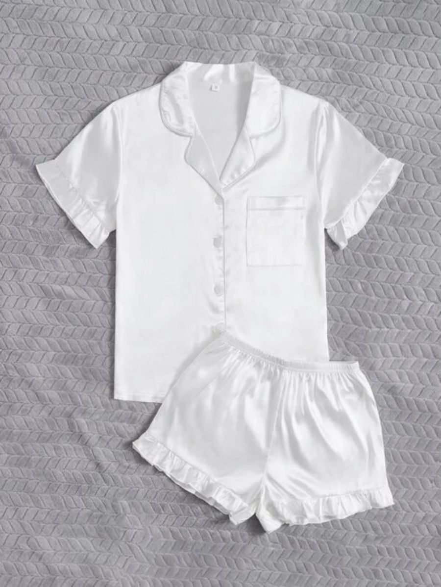 Contrast Binding Ruffle Trim Satin Set-Soco Hoodie