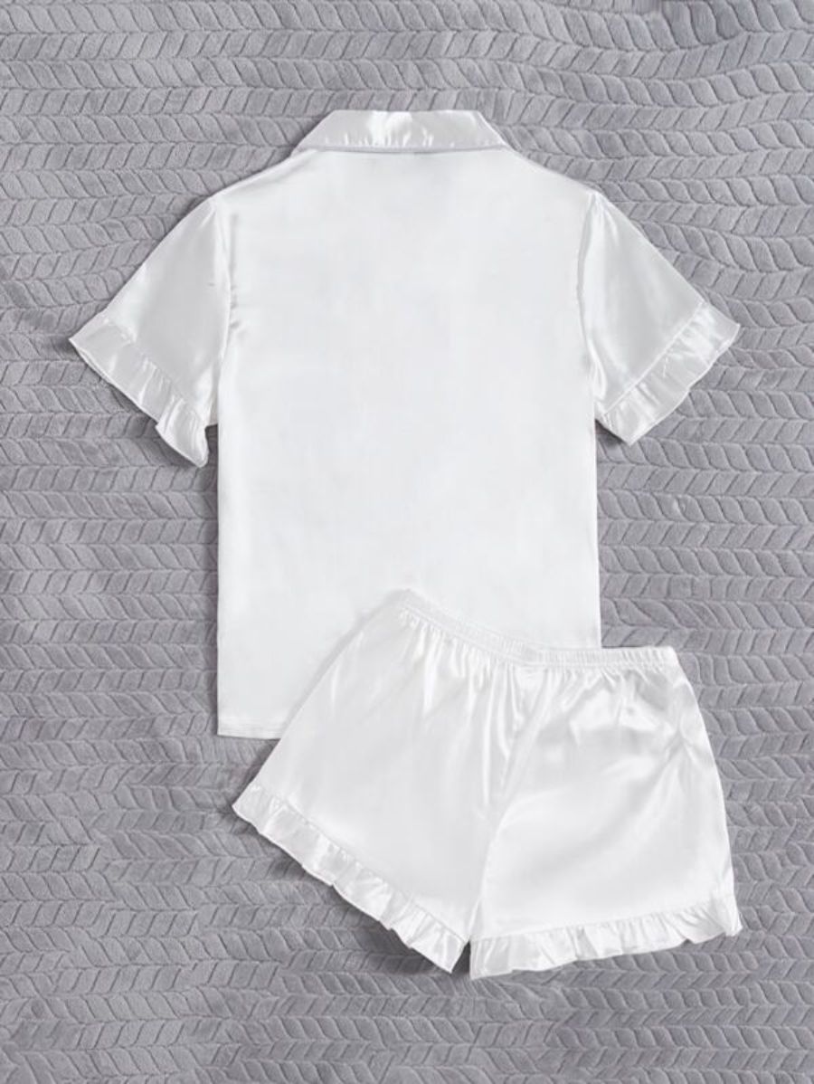 Contrast Binding Ruffle Trim Satin Set-Soco Hoodie