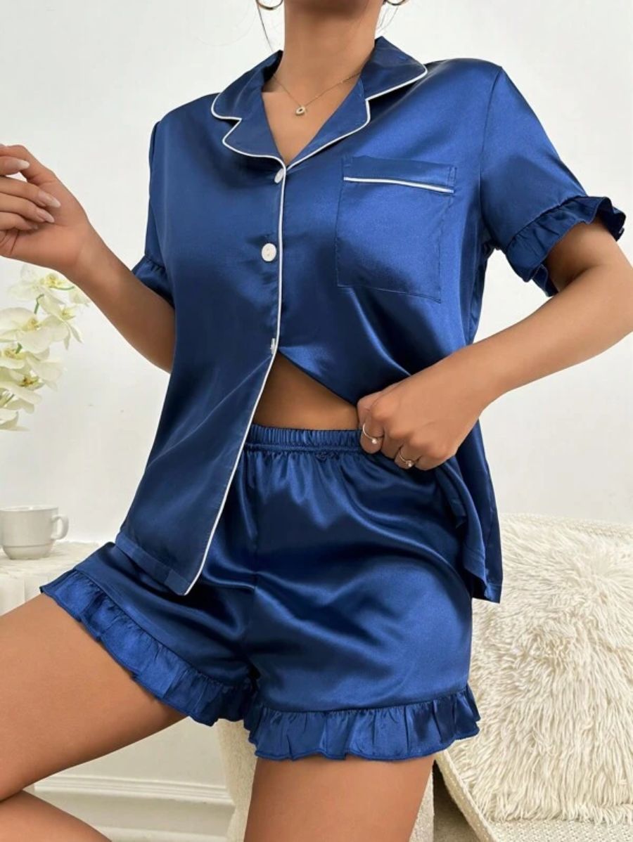 Contrast Binding Ruffle Trim Satin Set-Soco Hoodie