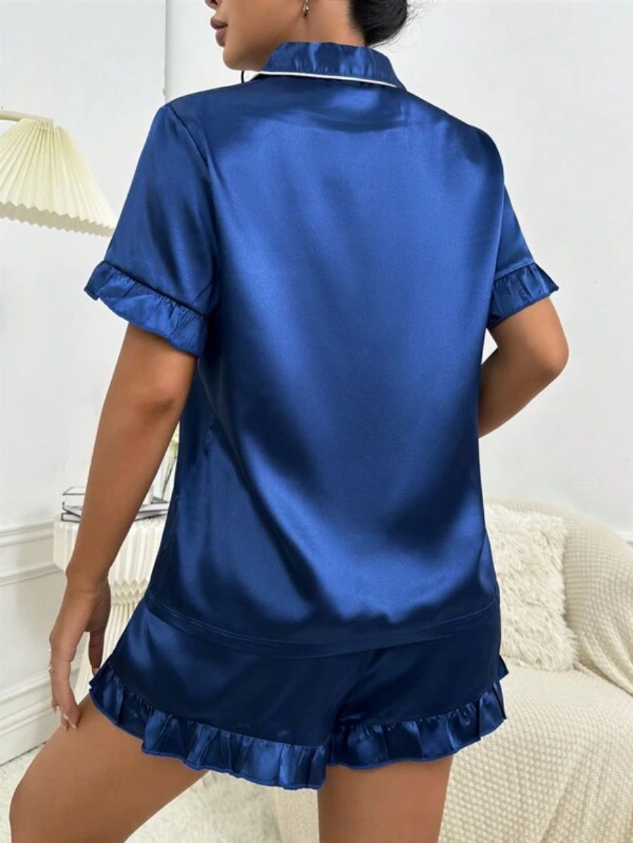 Contrast Binding Ruffle Trim Satin Set-Soco Hoodie