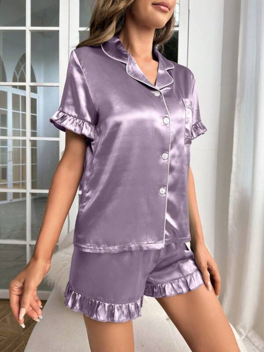 Contrast Binding Ruffle Trim Satin Set-Soco Hoodie