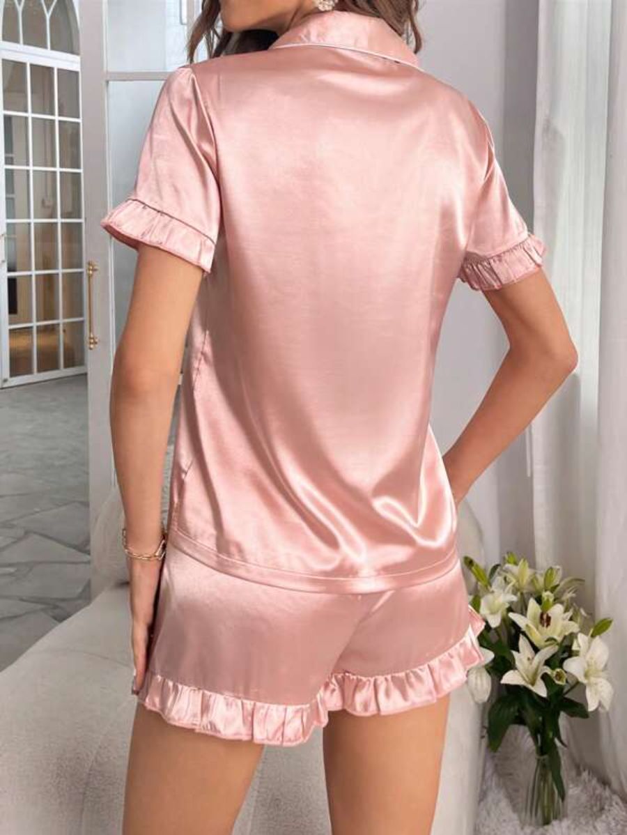 Contrast Binding Ruffle Trim Satin Set-Soco Hoodie