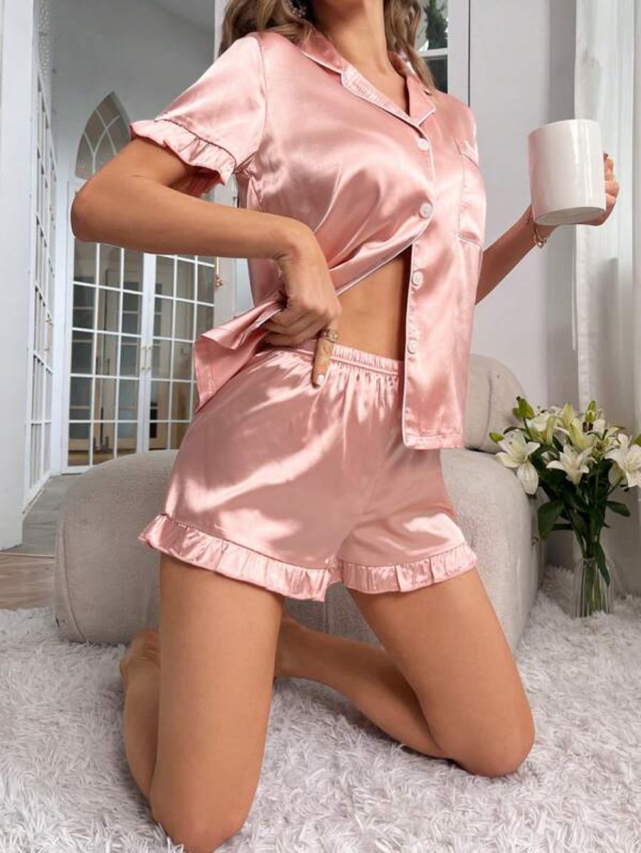 Contrast Binding Ruffle Trim Satin Set-Soco Hoodie