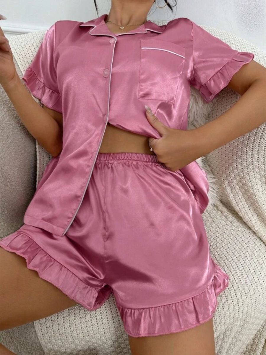 Contrast Binding Ruffle Trim Satin Set-Soco Hoodie