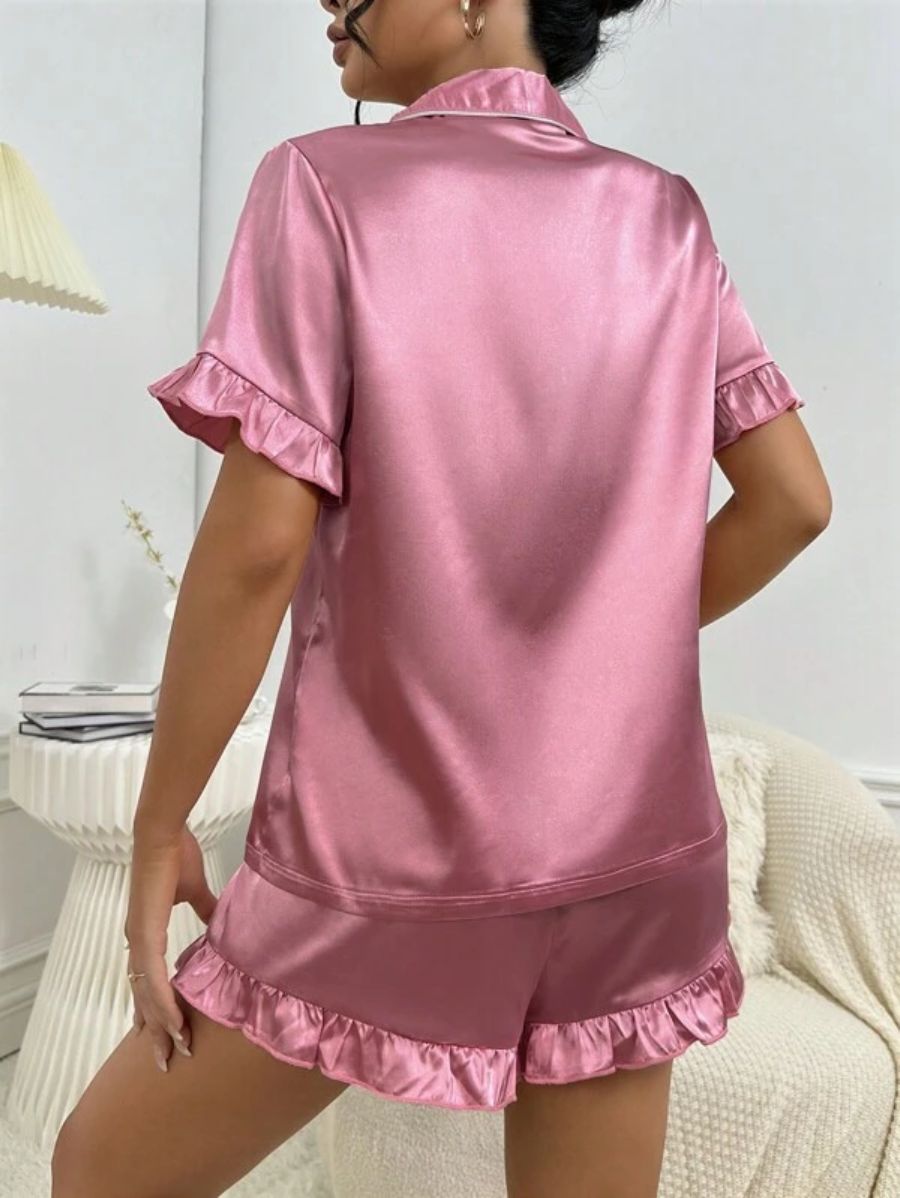 Contrast Binding Ruffle Trim Satin Set-Soco Hoodie