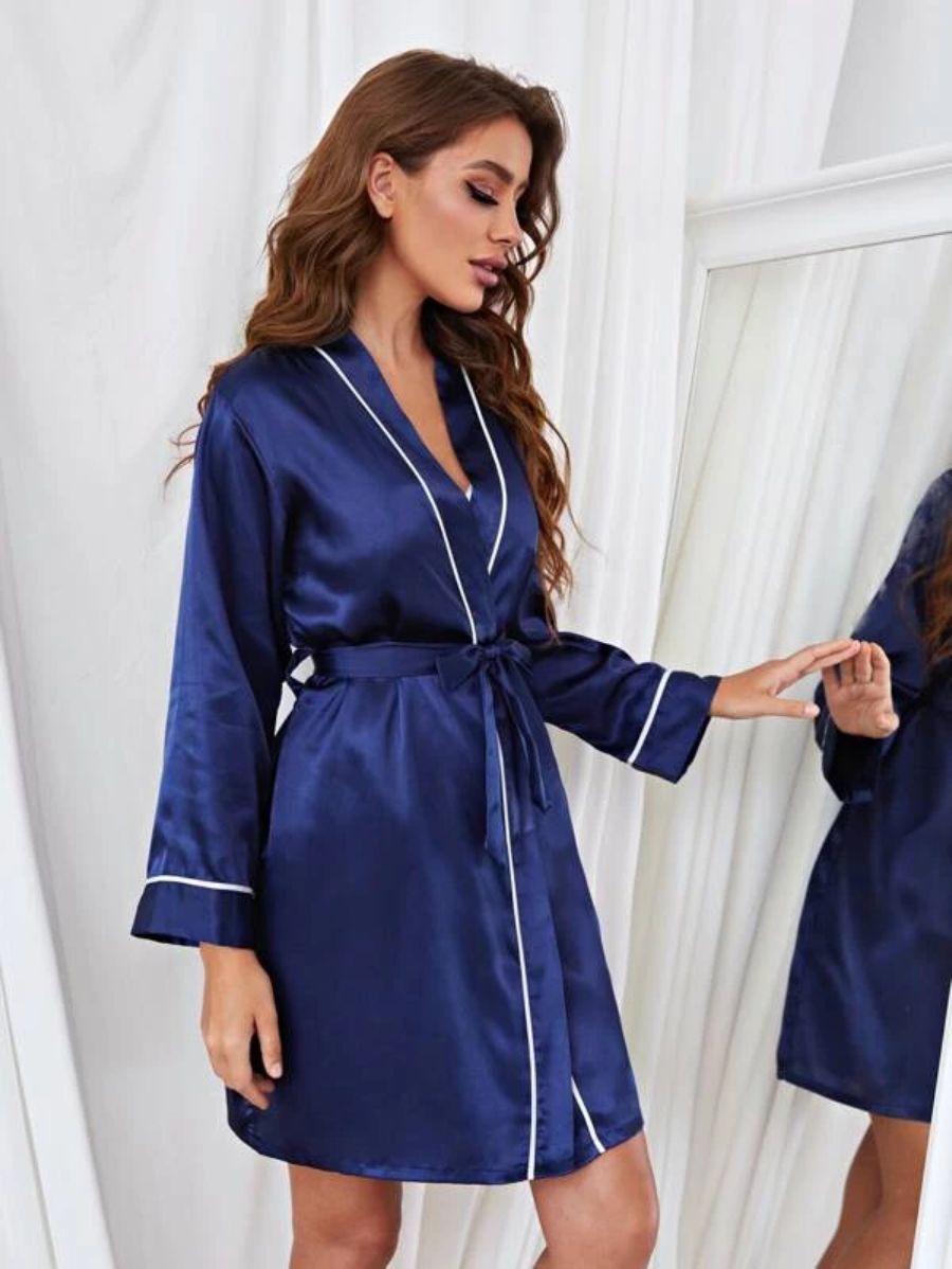 Contrast Binding Satin Night Robe-Soco Hoodie