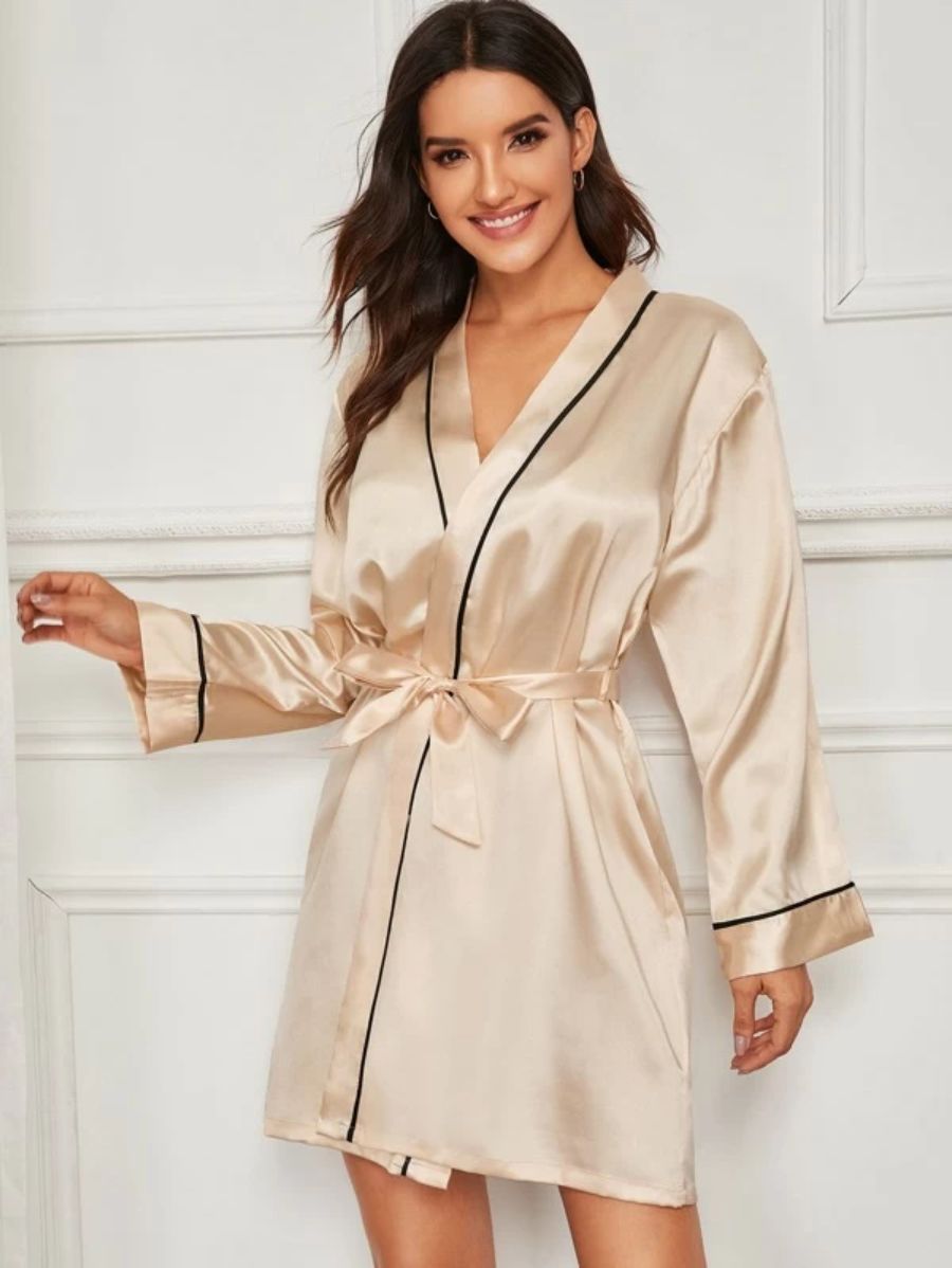 Contrast Binding Satin Night Robe-Soco Hoodie