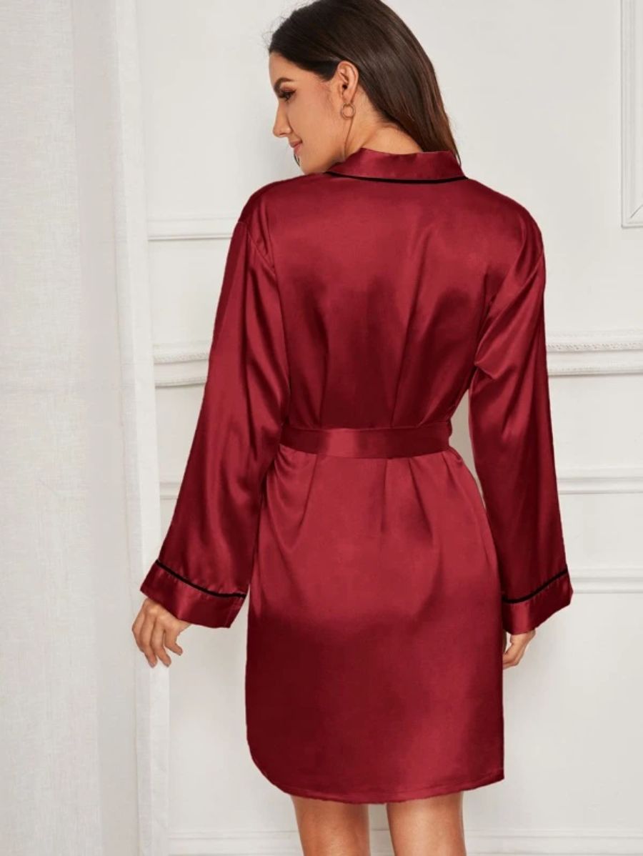 Contrast Binding Satin Night Robe-Soco Hoodie