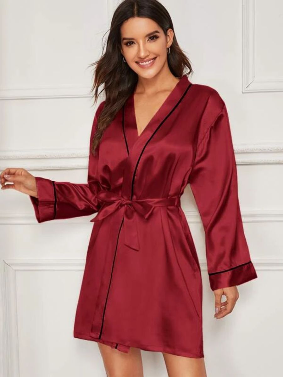 Contrast Binding Satin Night Robe-Soco Hoodie