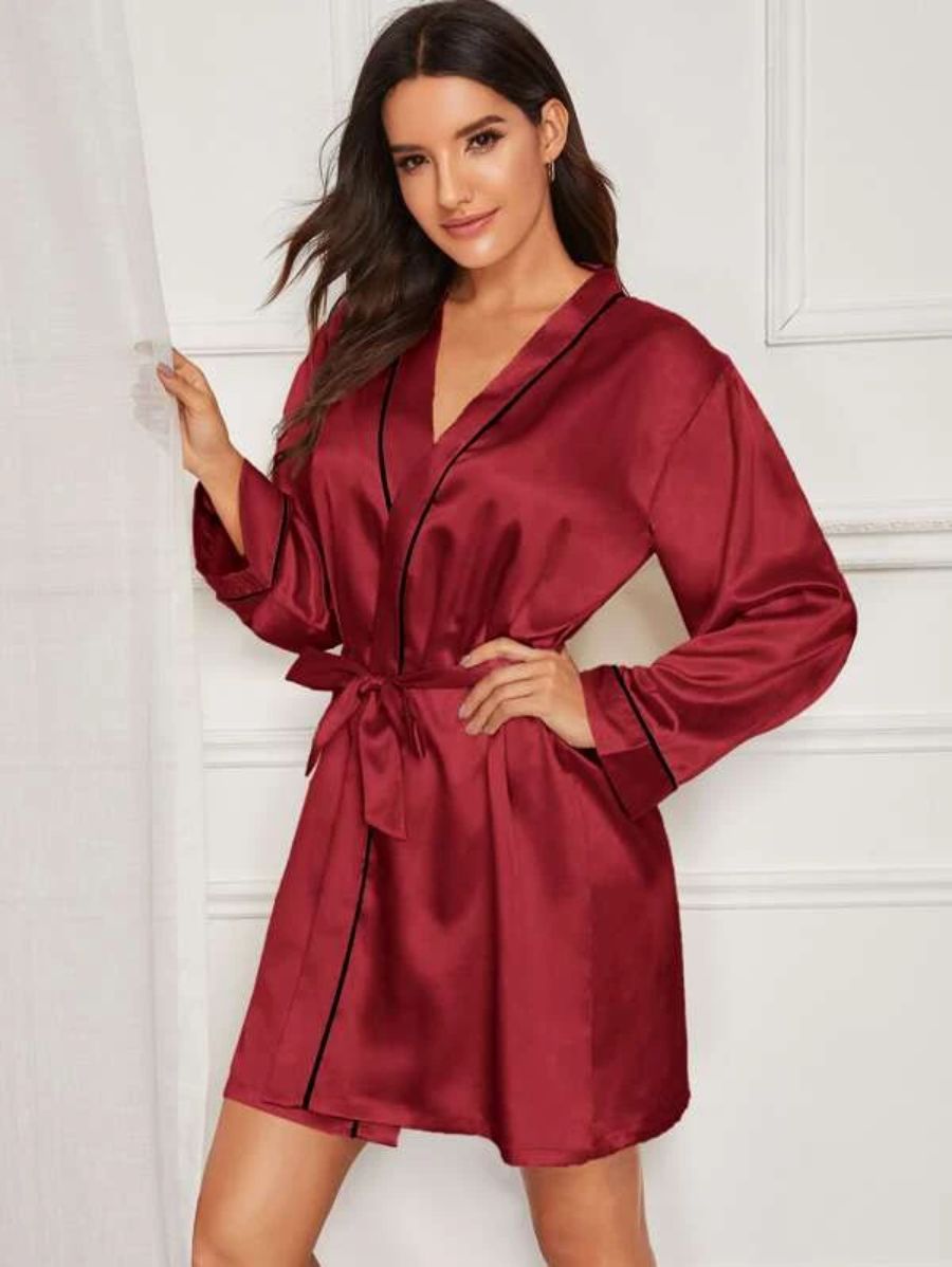 Contrast Binding Satin Night Robe-Soco Hoodie