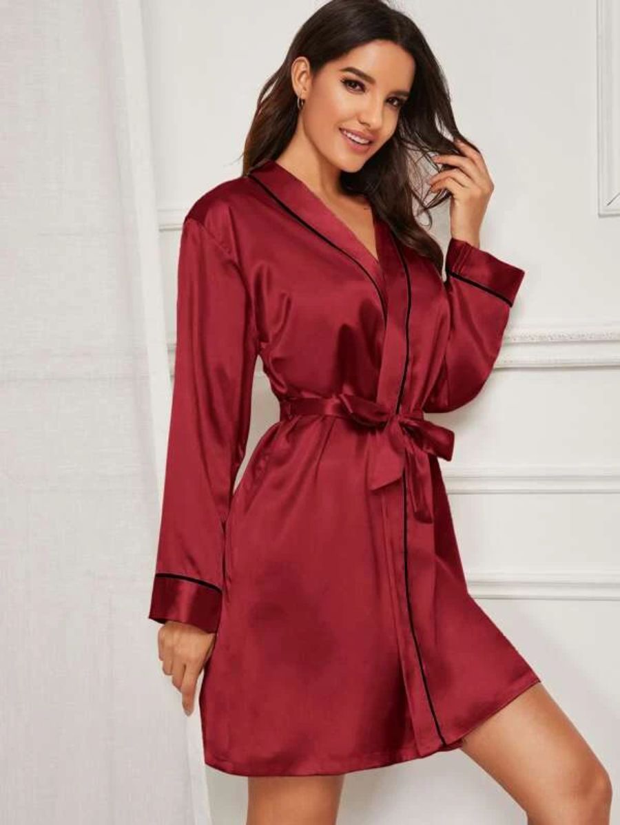 Contrast Binding Satin Night Robe-Soco Hoodie