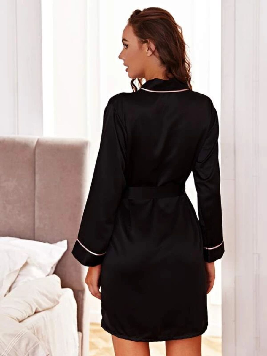 Contrast Binding Satin Night Robe-Soco Hoodie