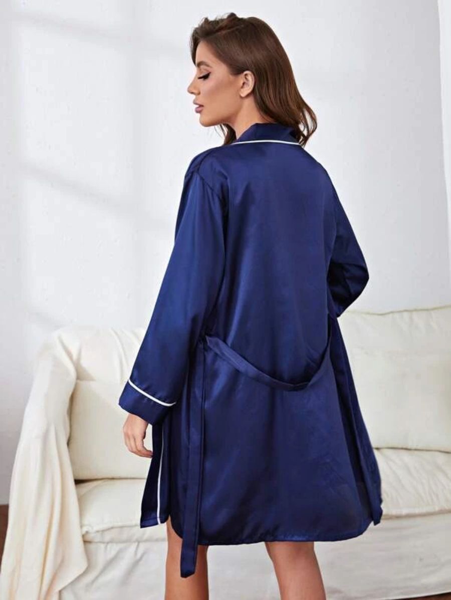 Contrast Binding Satin Night Robe-Soco Hoodie