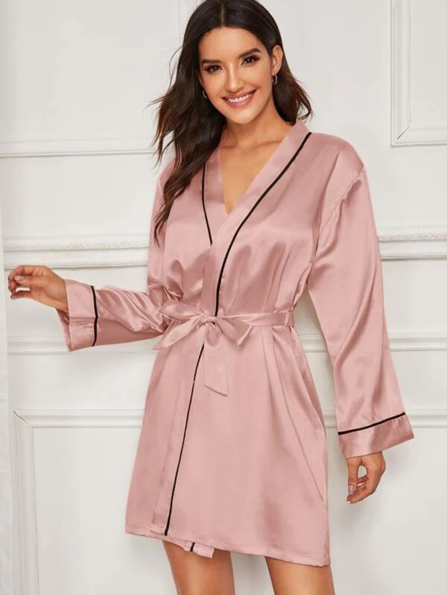 Contrast Binding Satin Night Robe-Soco Hoodie
