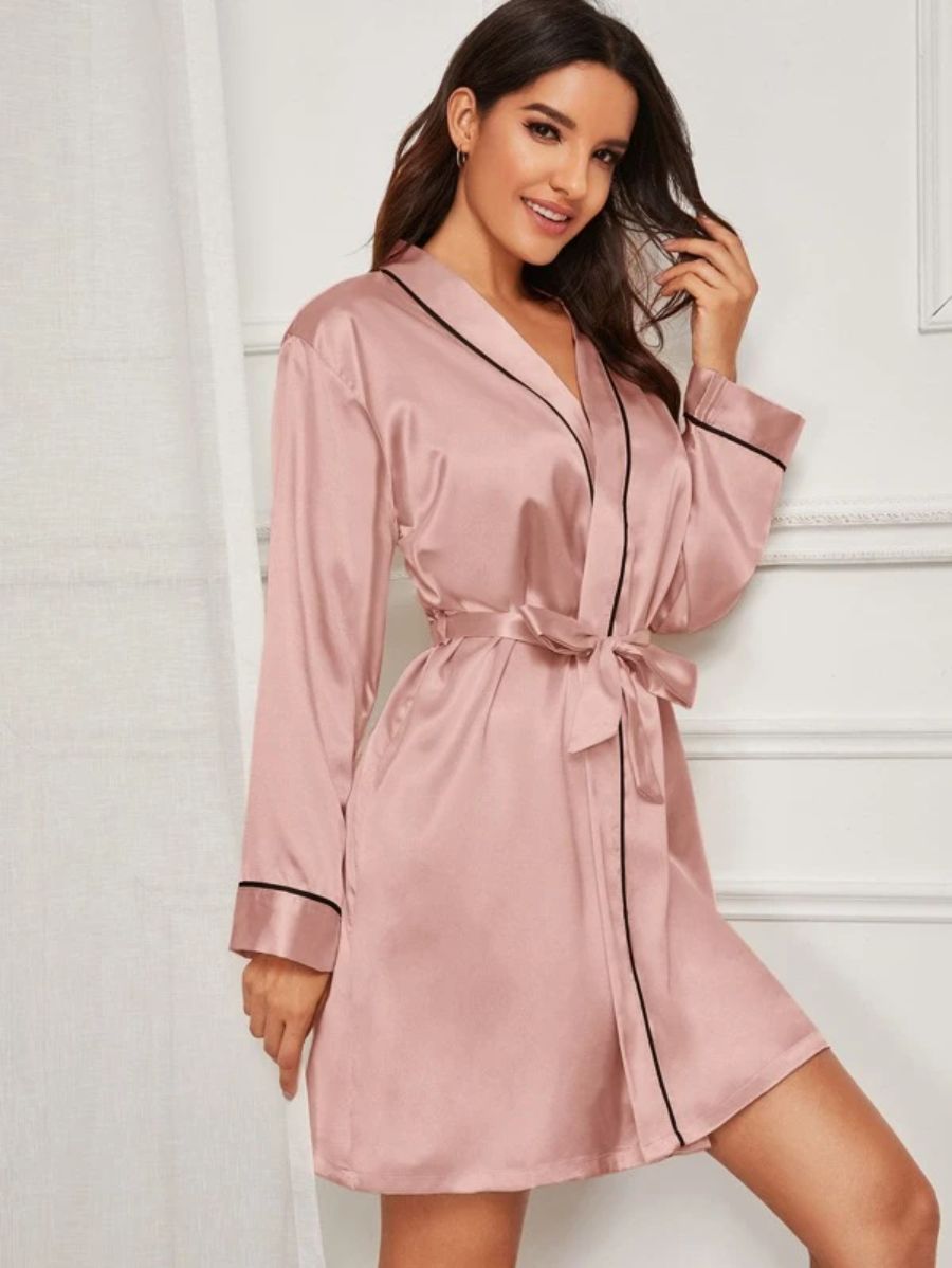 Contrast Binding Satin Night Robe-Soco Hoodie