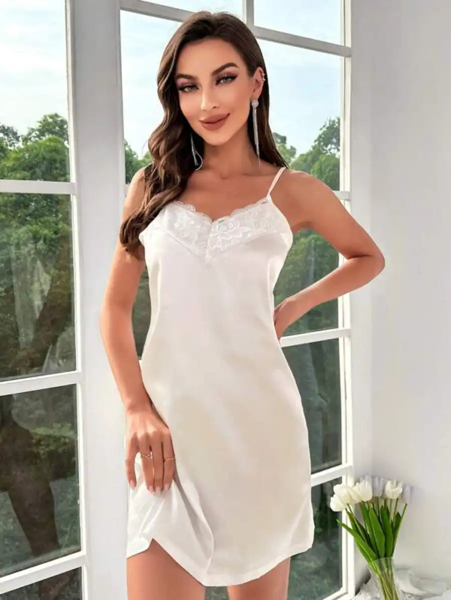 Contrast Lace Belted Satin Robe And Cami Dress Set-Soco Hoodie