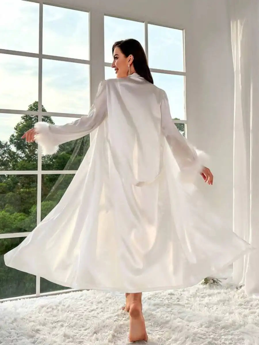 Contrast Lace Belted Satin Robe And Cami Dress Set-Soco Hoodie