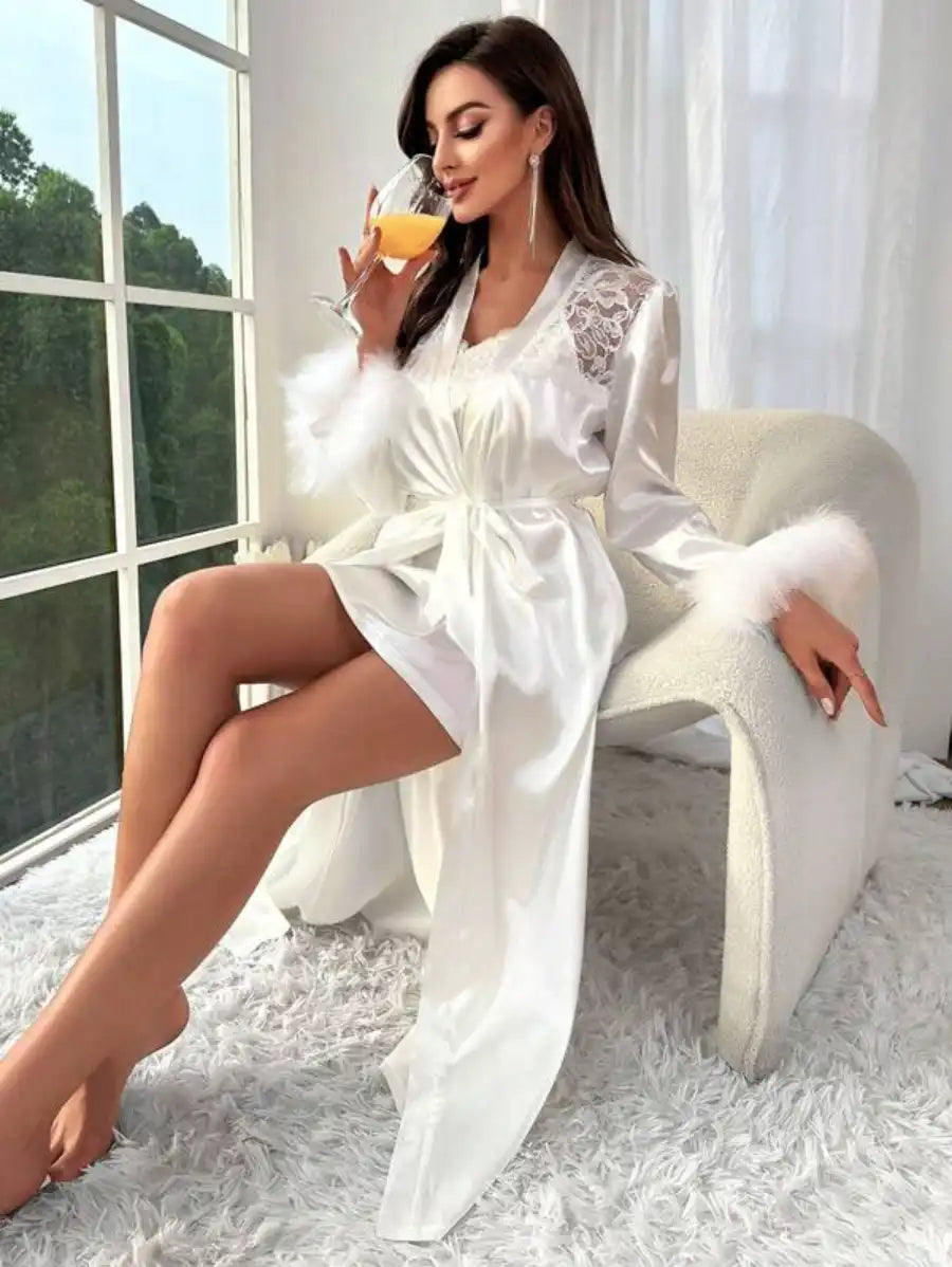 Contrast Lace Belted Satin Robe And Cami Dress Set-Soco Hoodie