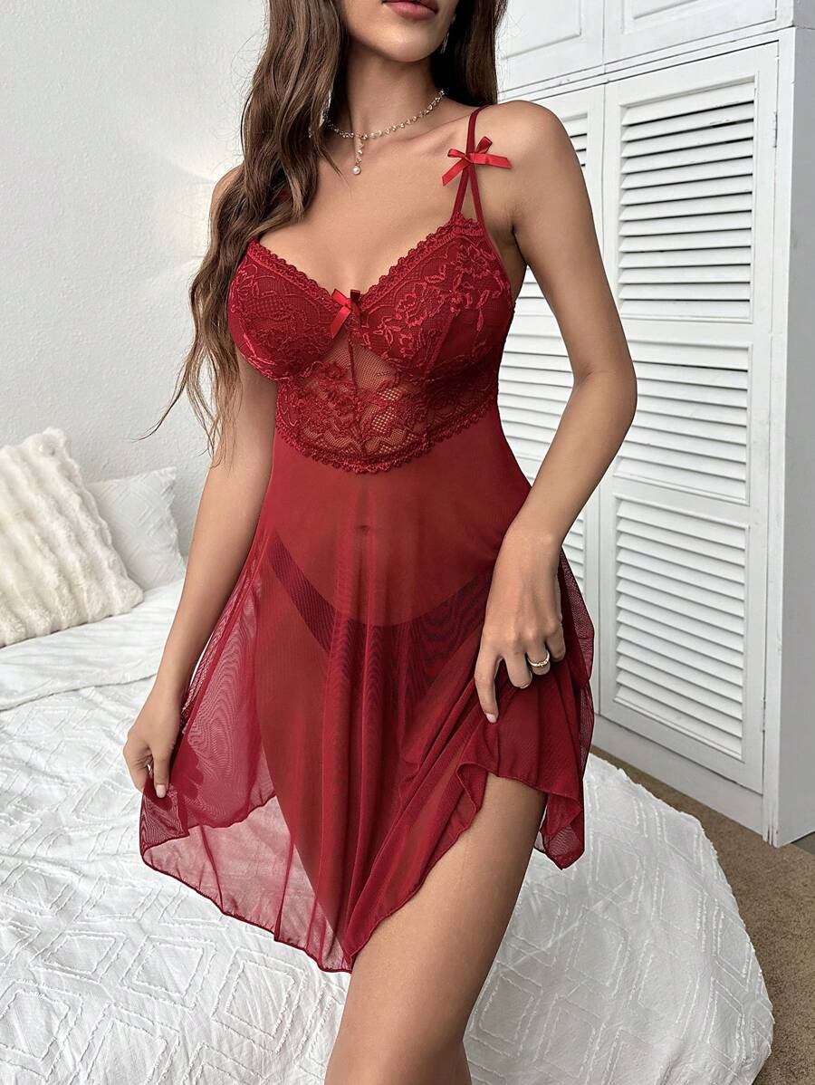 Contrast Lace Bow Front Cami Nightdress-Soco Hoodie