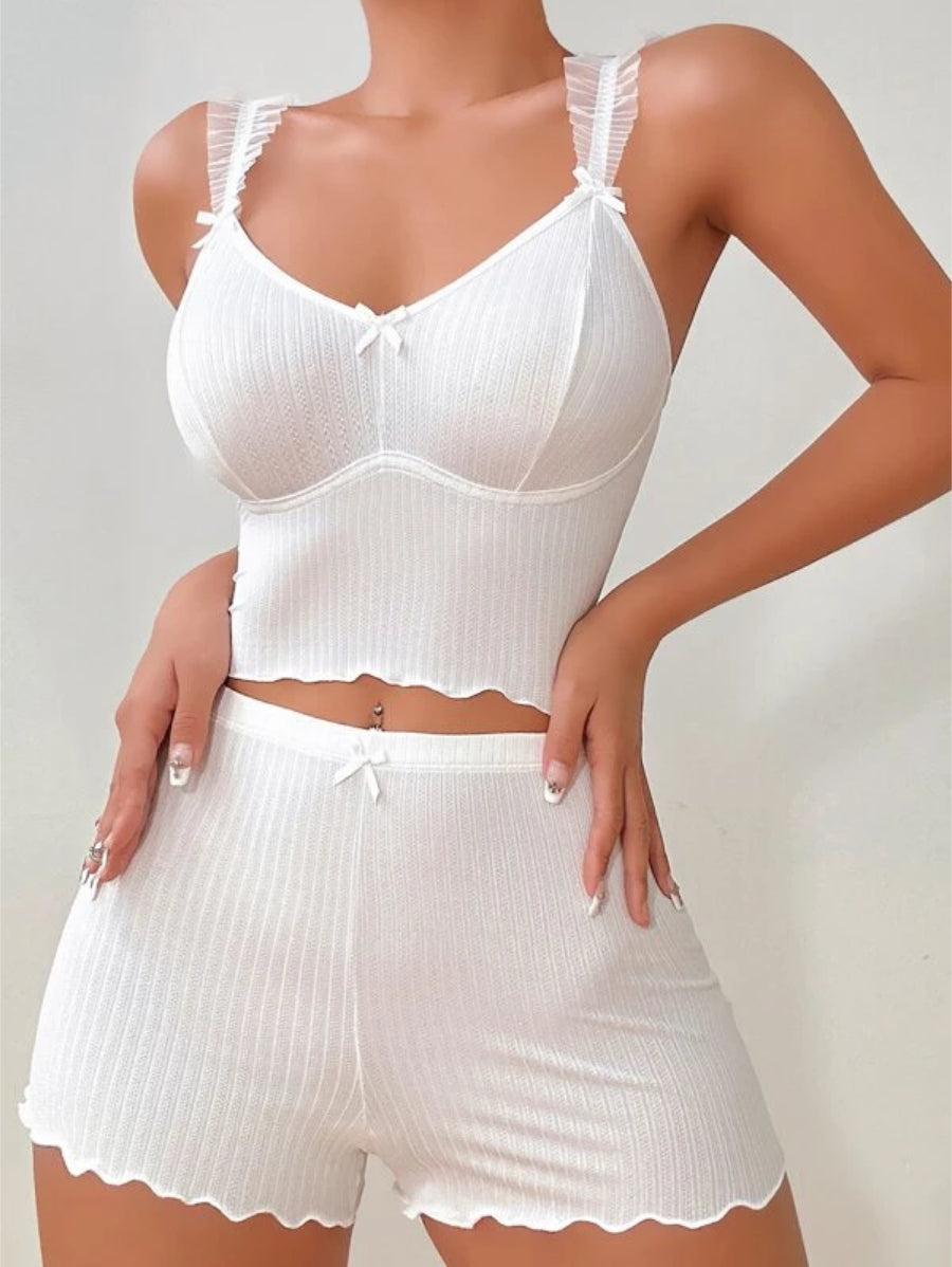 Contrast Lace Bow Front Cami Top And Shorts Set-Soco Hoodie