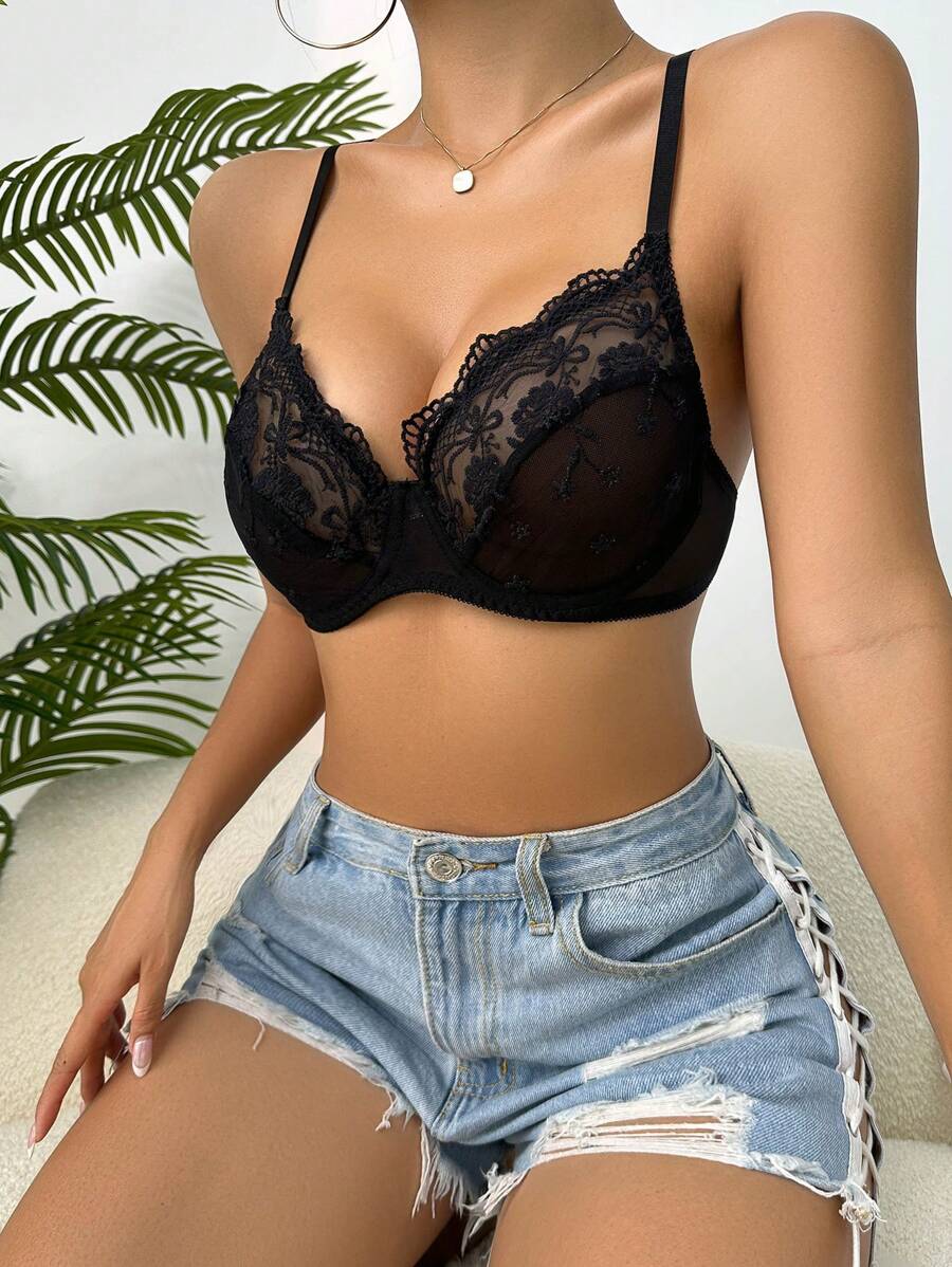 Contrast Lace Embroidery Underwire Bra-Soco Hoodie