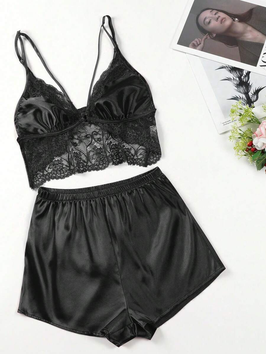 Contrast Lace Harness Satin Cami Top And Shorts Set-Soco Hoodie