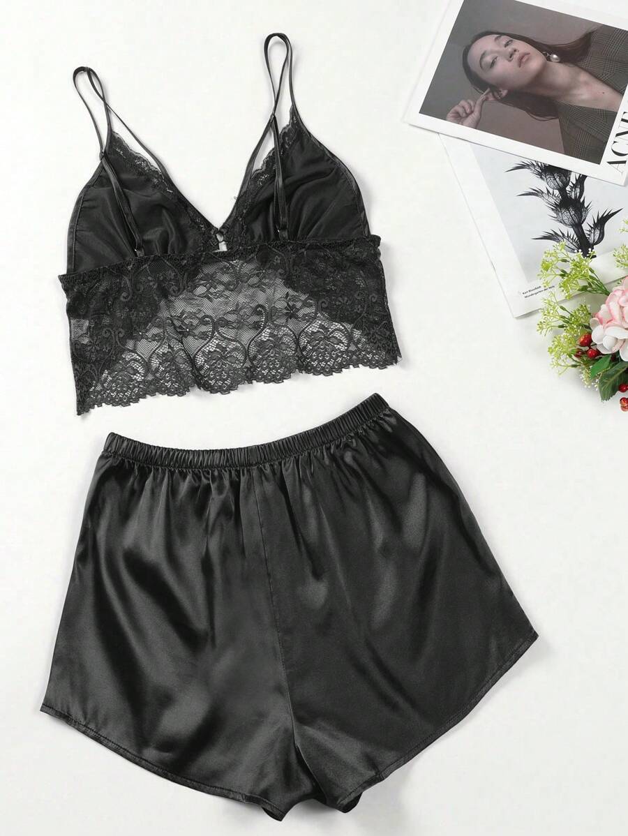 Contrast Lace Harness Satin Cami Top And Shorts Set-Soco Hoodie