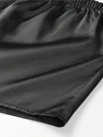 Contrast Lace Harness Satin Cami Top And Shorts Set-Soco Hoodie