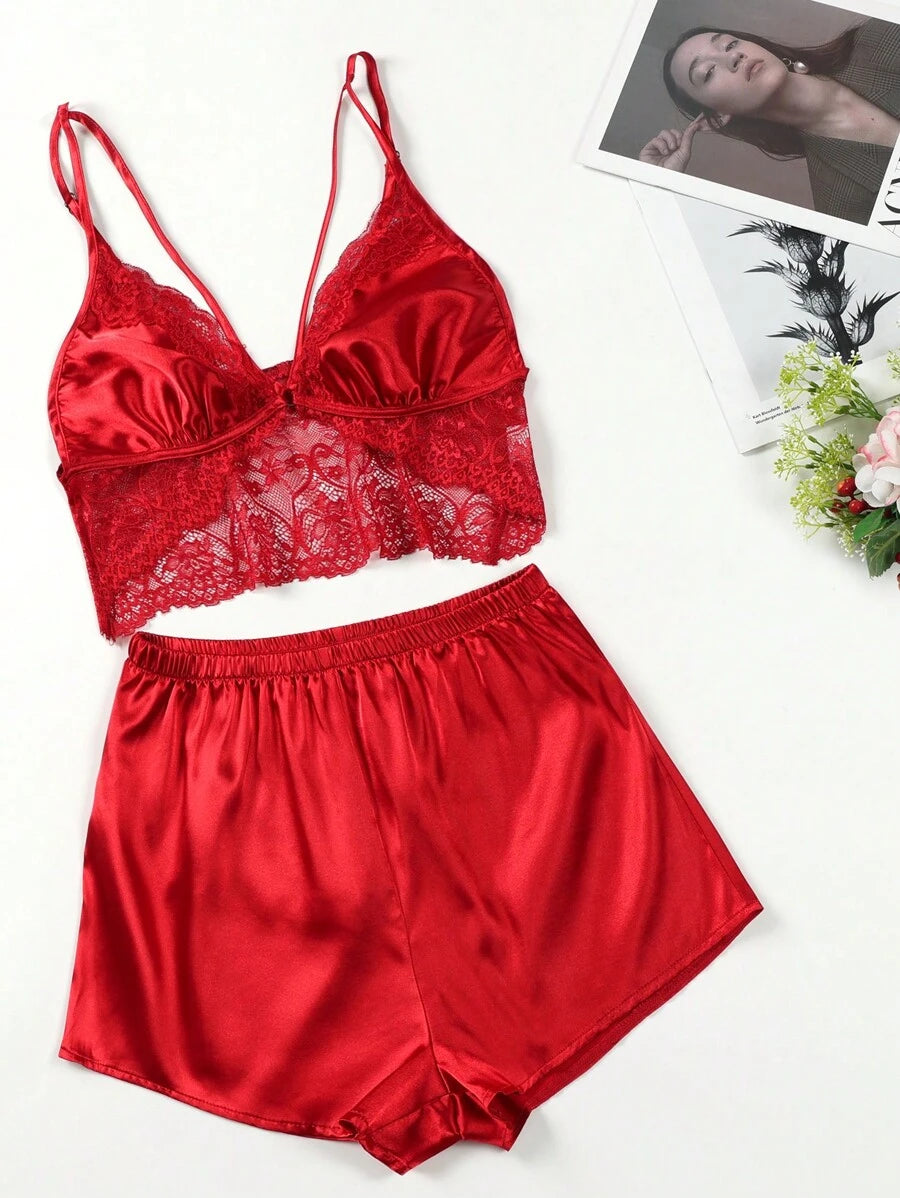 Contrast Lace Harness Satin Cami Top And Shorts Set-Soco Hoodie