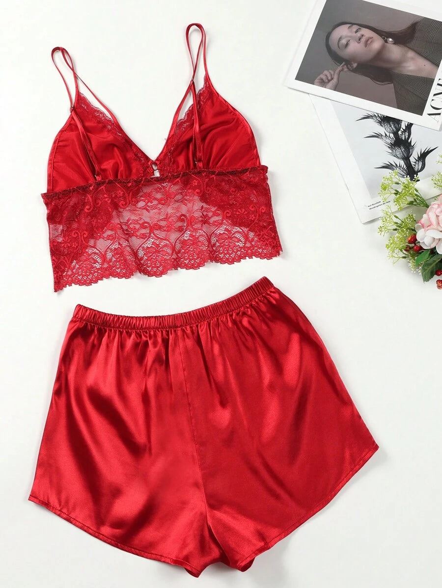 Contrast Lace Harness Satin Cami Top And Shorts Set-Soco Hoodie