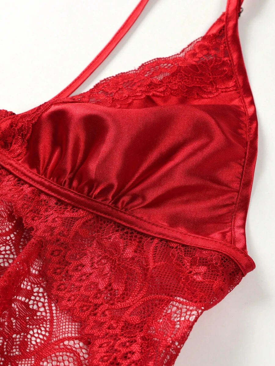 Contrast Lace Harness Satin Cami Top And Shorts Set-Soco Hoodie