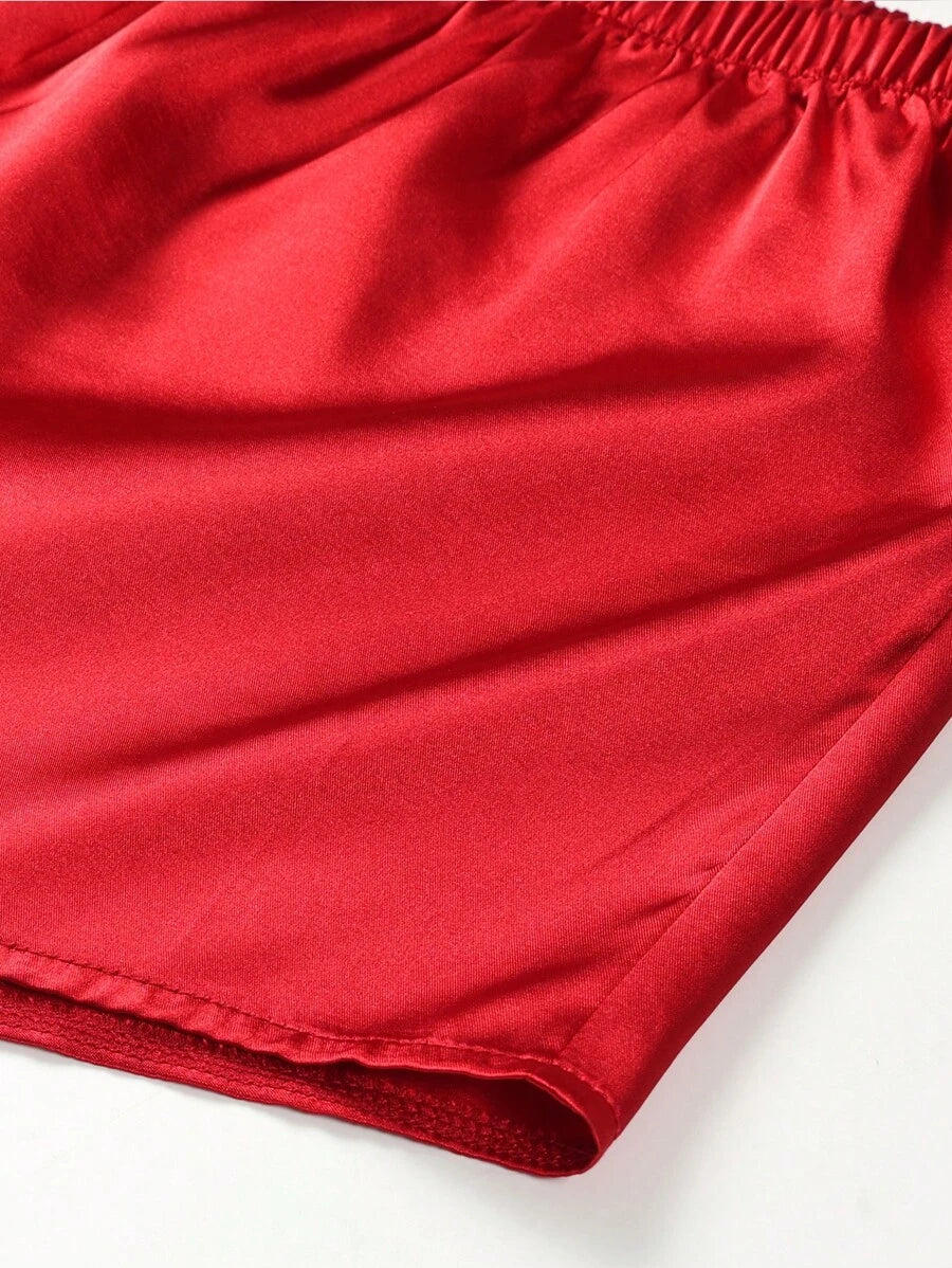 Contrast Lace Harness Satin Cami Top And Shorts Set-Soco Hoodie